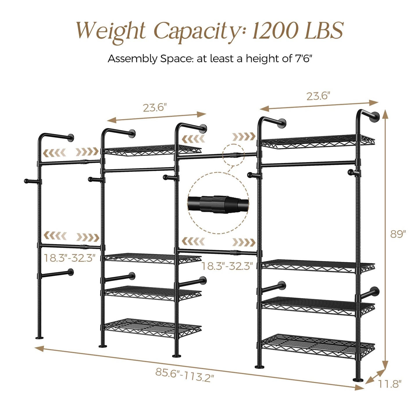 Closet Organizers and Storage, 4-Row Heavy Duty Clothes Rack for Hanging Clothes, Wall Mounted Closet System with 4 Telescopic Rods, 2 Fixed Rods, 5 Hooks, 8 Shelves for Wardrobe, Bedroom, Small Space