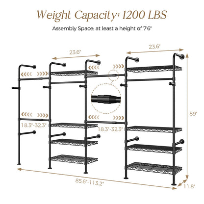 Closet Organizers and Storage, 4-Row Heavy Duty Clothes Rack for Hanging Clothes, Wall Mounted Closet System with 4 Telescopic Rods, 2 Fixed Rods, 5 Hooks, 8 Shelves for Wardrobe, Bedroom, Small Space