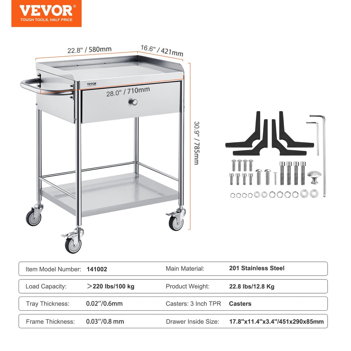 VEVOR Stainless Steel Utility Cart with Wheels - Medical/Dental Lab Cart - 2 Shelves/1 Drawer