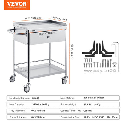 VEVOR Stainless Steel Utility Cart with Wheels - Medical/Dental Lab Cart - 2 Shelves/1 Drawer