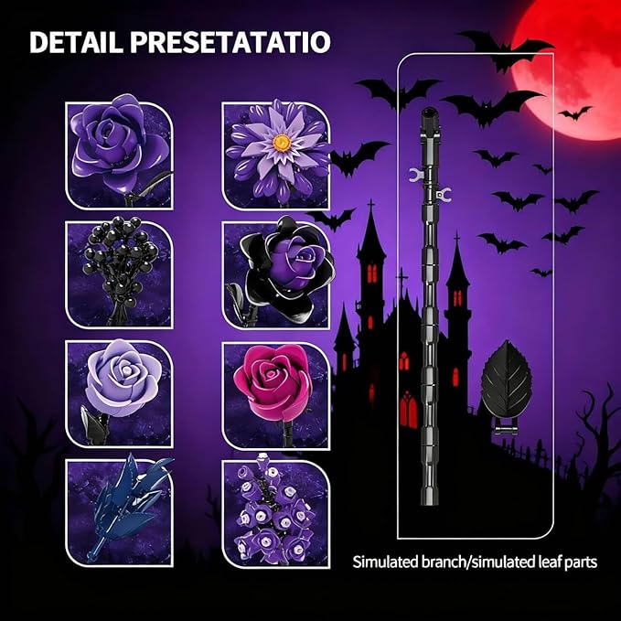 Purple Roses Bouquet Building Set 882PCS Compatible with Lego Artificial Flower Everlasting Gothic Roses for Home Décor Gift for Halloween Romantic Valentine’s Day Mother’s Day Anniversary