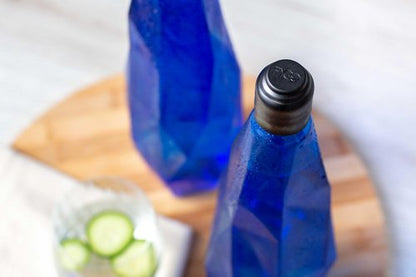 FYGO Set of 2 Diamond-Shaped Glass Bottles with Rubber Caps (Blue) – Includes 3 Blank Black Stickers, 3 Blank White Stickers, & 1 Funnel | Elegant, Leak-Proof, Reusable Bottles