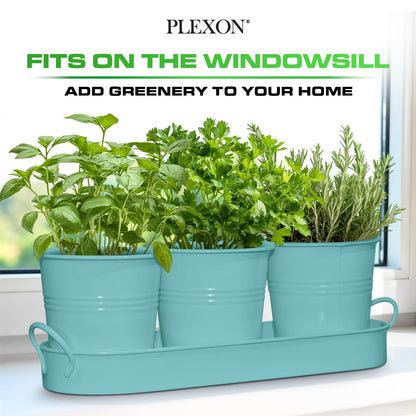 Plexon Herb Planter Indoor Garden Set of 3 with Tray, Metal Herb Pots for Indoor Plants, Round Kitchen Garden Kit Ideal for Windowsill Planter or Countertop, Aqua Mist Blue Powder Coated
