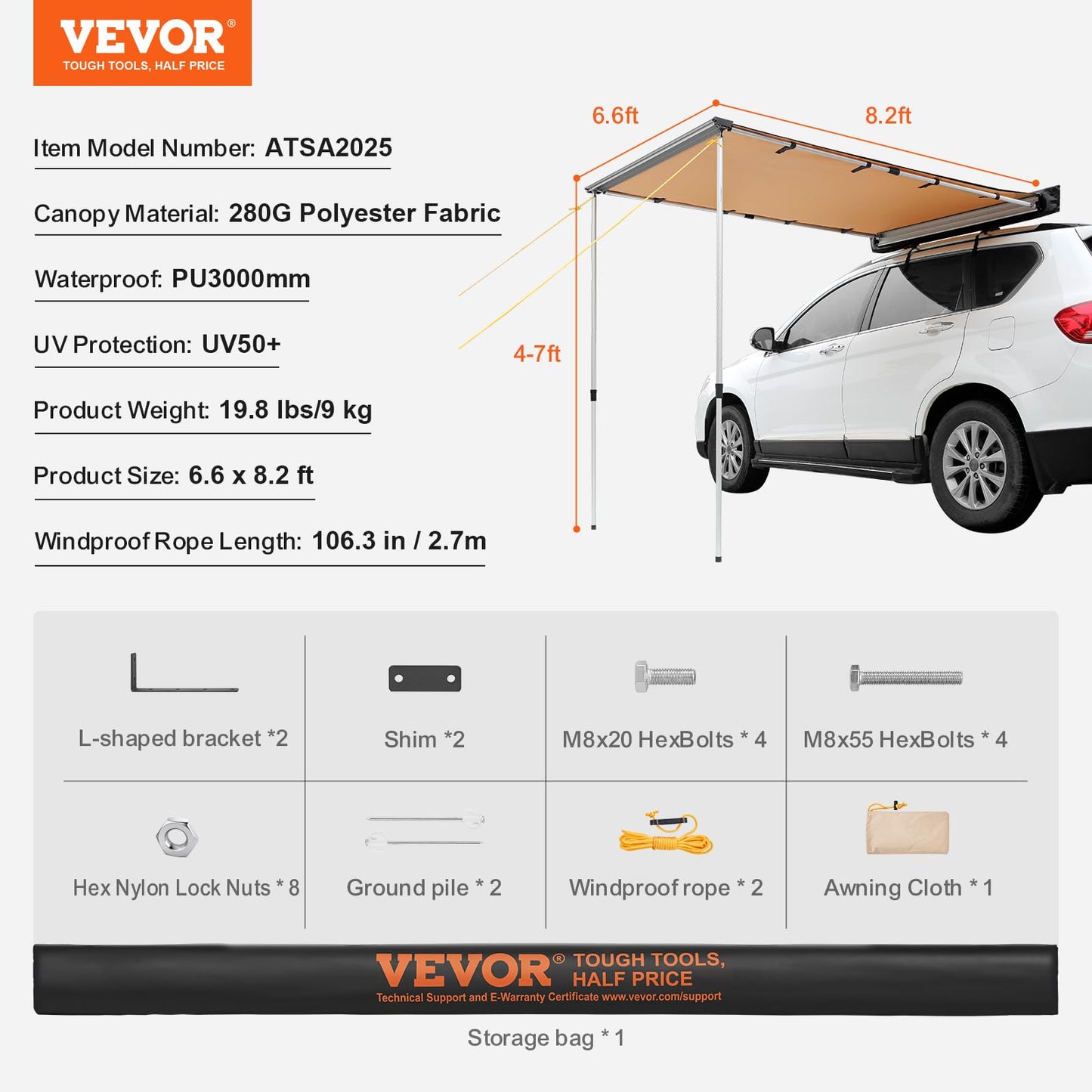 VEVOR Vehicle Awning 6.6'x8.2' Roof Rack Pull-Out Sun Shade UV50+ PU3000mm, Retractable Weatherproof 4x4 Side Awning for SUV Outdoor Camping & Overland (Hardware Included), w/Waterproof Storage Bag