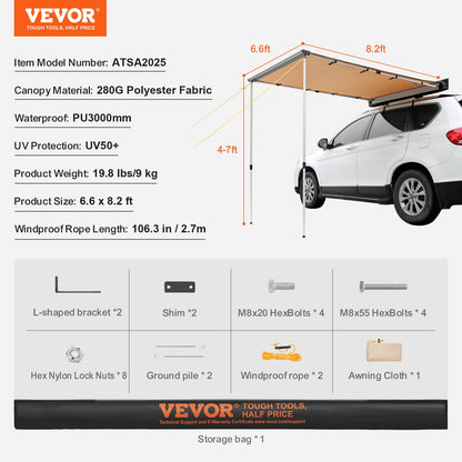 VEVOR Vehicle Awning 6.6'x8.2' Roof Rack Pull-Out Sun Shade UV50+ PU3000mm, Retractable Weatherproof 4x4 Side Awning for SUV Outdoor Camping & Overland (Hardware Included), w/Waterproof Storage Bag
