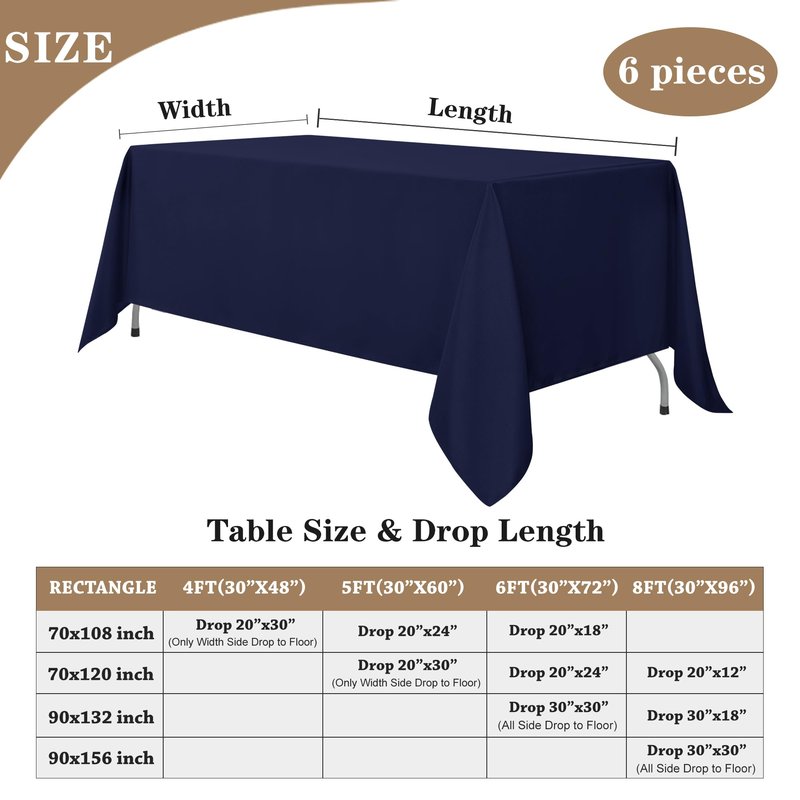Fitable Elegant Rectangle Table Clothes, 6 Pack - 90 x 132 Inch, Navy - Reusable and Washable Tablecloths, Polyester Fabric Table Covers for Wedding, Party, Banquet, Formal Events