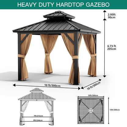 GarveeHome Outdoor Gazebos Canopy 10 x 10 ft Permanent with High Strength Aluminum Frame, Iron Double-Roof, Pavilion with Curtain and Netting for Patio, Lawn, Deck, Garden