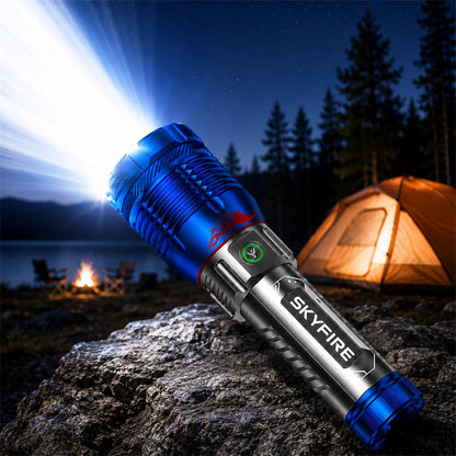SKYFIRE 6000 Lumens Rechargeable Flashlight with Fire Starter,96 Hours Runtime, IPX6 Waterproof, Zoomable Tactical Flashlight Spotlight for Camping, Emergency, Outdoor Survival