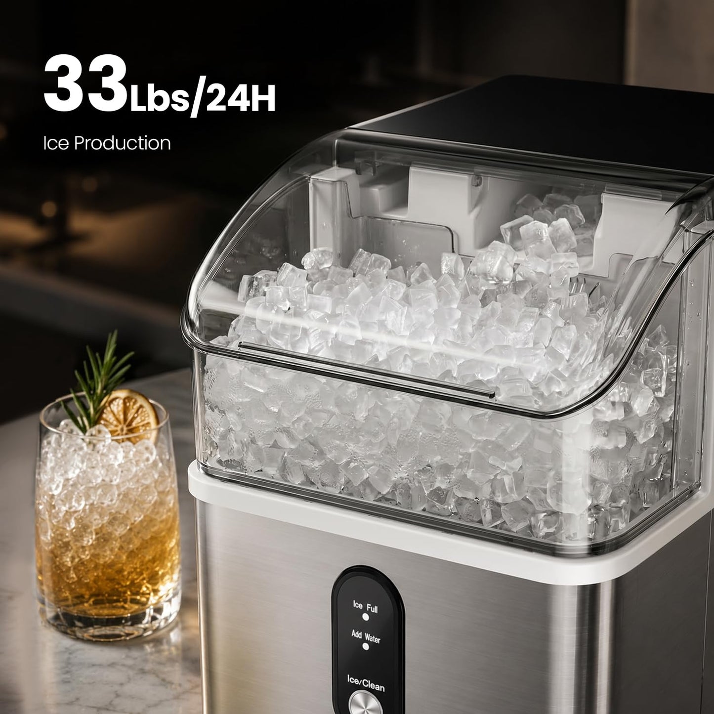 Kismile Nugget Ice Maker Countertop,33Lbs/24H Ice Machine with Chewable Ice,Self-Cleaning Portable Ice Maker with One-Click Operation,for Home/Kitchen/Office(Silver)