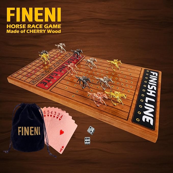 Horse Racing Game for Adults Horse Race Board Game with 11 Luxurious Metal Horses (Gold Silver Black Rose Gold) 22” Cherry Wood Horse Race Game Board Dice &amp RoseGoldCard Included (Cherry)