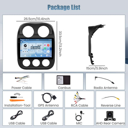 4+128G Radio for Jeep Compass Patriot 2010-2016, 10.1" Touch Screen Radio Kit with Wireless CarPlay/Android Auto, 5GHz WiFi, Bluetooth 5.0, EQ, GPS Navigation, 1280 * 720, Backup Camera
