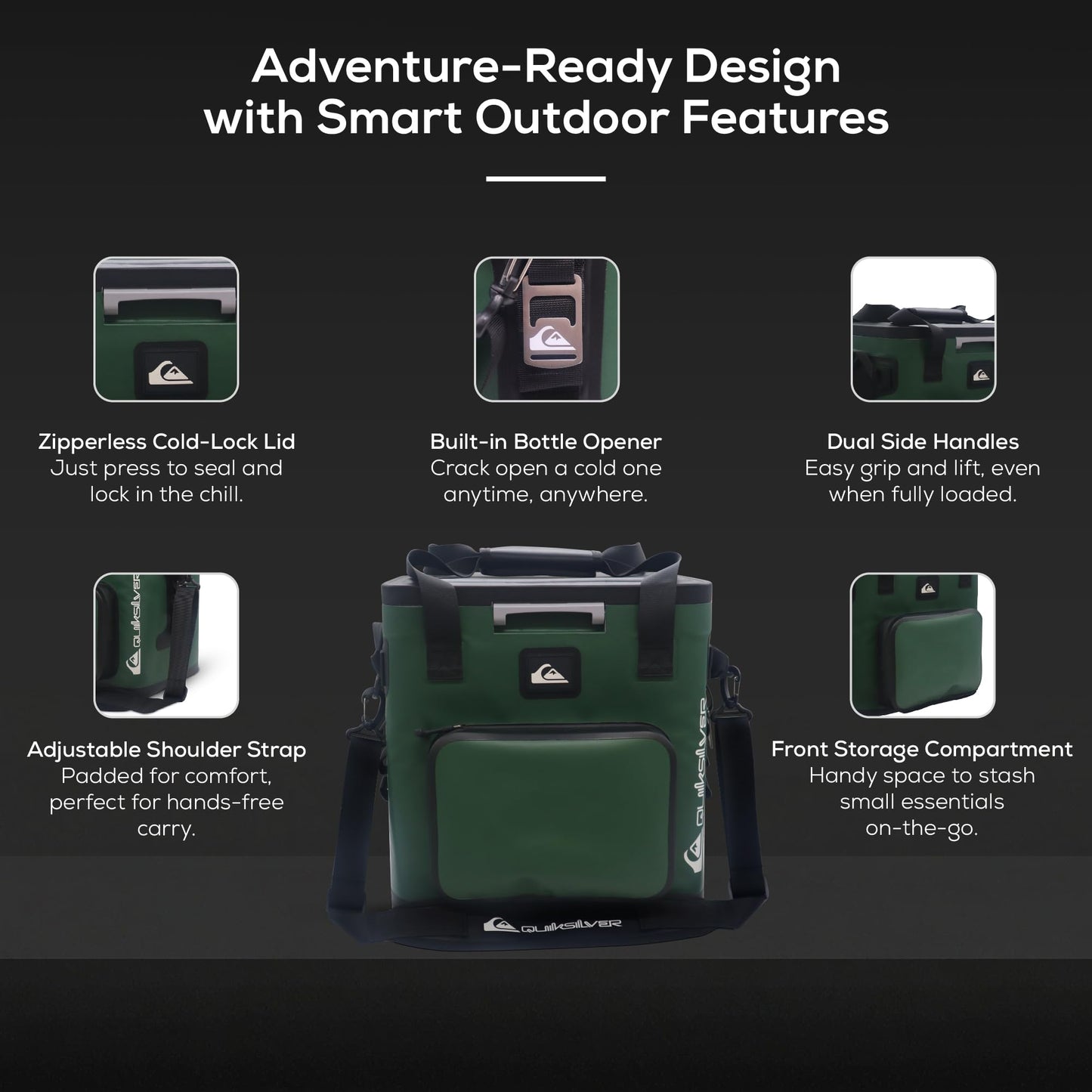 Quiksilver Zipperless Box Cooler 20L, Holds 24 Cans, 48 Hour Insulation, Leakproof & Waterproof Design, Heavy Duty TPU, IPX7, Padded Straps, Kangaroo Pockets, Bottle Opener (Trekking Green)