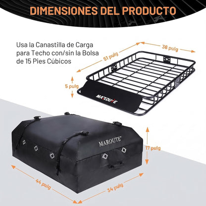 Garvee Roof Rack Cargo Basket with Waterproof Cargo Bag, 15 cu ft Rooftop Cargo Carrier, Heavy Duty Steel Car Roof Rack Carrier with Wind Fairing, Anti-Rust, U-Bolt Mount, for SUV Truck