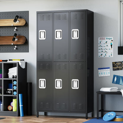 72" Industrial-Grade 9-Door Steel Storage System - 9 Shelves + 29 Multi-Purpose Hooks, Modular Locker Cabinet for Warehouse/School/Home Gym (Reinforced Steel Frame + Anti-Slip Base Plates) - Black