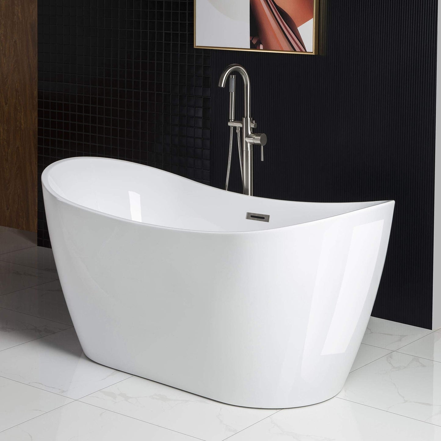 WOODBRIDGE 59"Freestanding White Acylic Soaking Bathtub with Brushed Nickel Drain and Overflow,B0011-BN