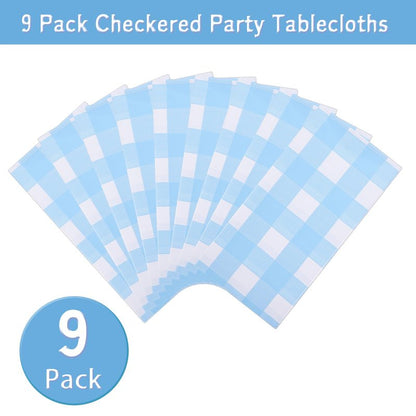 Kesfey 9 Packs Light Blue Gingham Tablecloth Pale Blue and White Checkered Tablecloths 54 x 108 Inches Disposable Plastic Gingham Tablecovers Waterproof Rectangle Picnic Table Cover for Birthday Party
