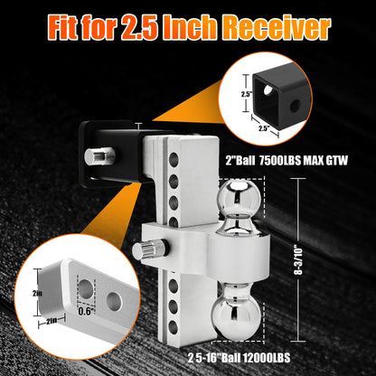 Chaoos Drop Hitch 2.5 Inch Receiver, Adjustable 8 Inch Trailer Hitch Ball Mount,12000LBS GTW(2" & 2-5/16") Chrome Plated Steels Balls, Aluminum 2.5 Hitch Receiver Tow Hitches, 2 Anti-Theft Pins Locks