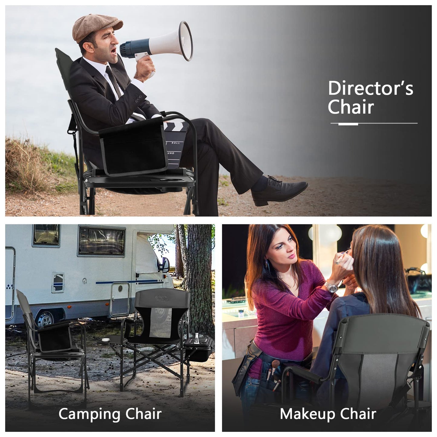 COSTWAY 2-Pack Folding Camping Chair, Heavy-Duty Director Chair Supports 400lbs for Adults with Side Table, Cooler Bag, Storage, Strap, Portable Makeup Chair Set of 2 for Fishing Picnic, Black