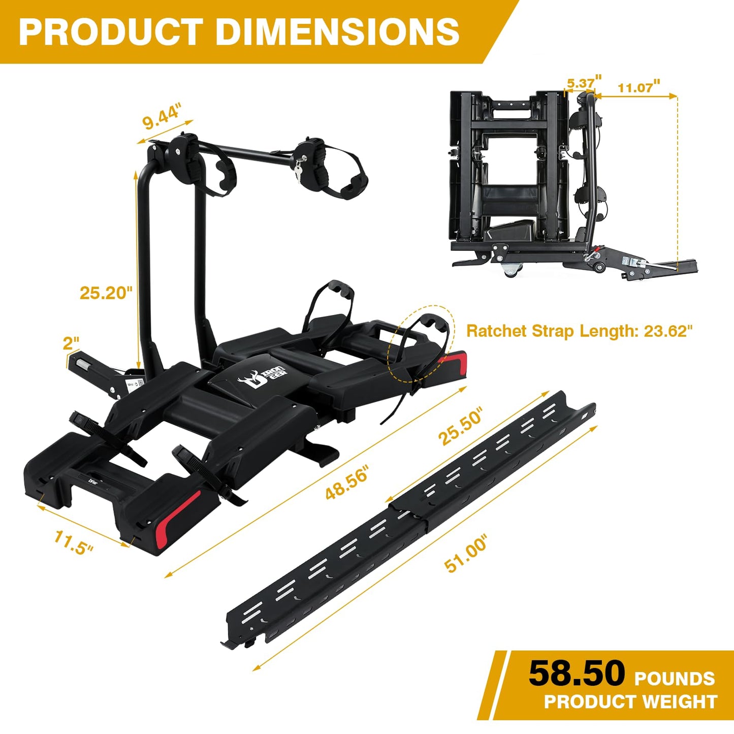 Ebike Rack with Ramp for 2 E-Bikes 200 lbs Capacity Fits 5" Fat Tire, Hitch Bike Rack for Cars SUVs Trucks with 2" Receiver, Foldable Tilting Locking No Assembly Needed E-Bike Platform Carrier