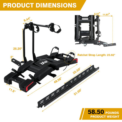 Ebike Rack with Ramp for 2 E-Bikes 200 lbs Capacity Fits 5" Fat Tire, Hitch Bike Rack for Cars SUVs Trucks with 2" Receiver, Foldable Tilting Locking No Assembly Needed E-Bike Platform Carrier