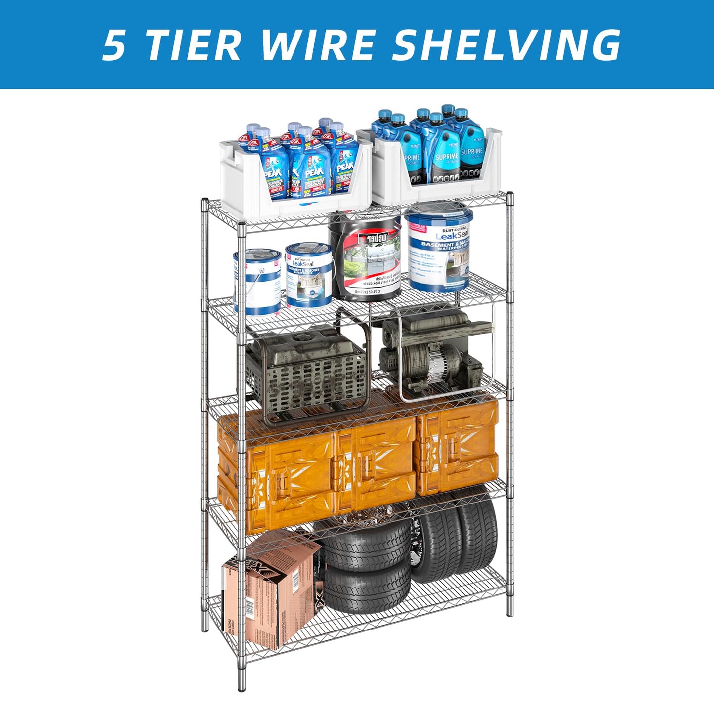 Guan River 5-Shelf Adjustable Metal Shelf Wire Shelving Unit Heavy Duty Storage Rack Display Shelf for Office,Kitchen,Bedroom,Bathroom,Laundry,Pantry Basement,Garage(Chrome,48" L x 18" W x 72" H)
