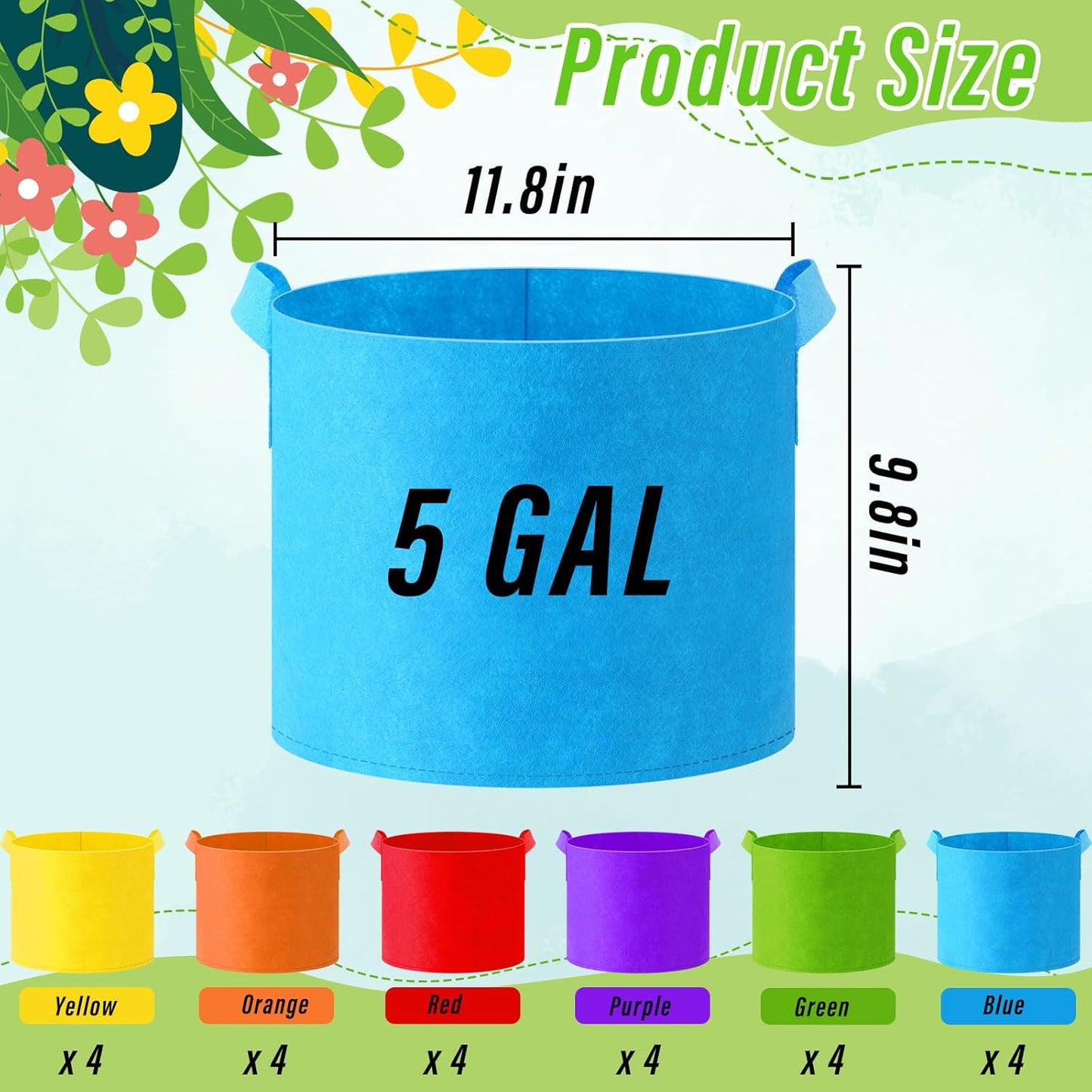 Ziliny 24 Pcs Multicolor Fabric Plant Grow Bags - Thickened Non-Woven Pots with Handles | 5 Gallon Size