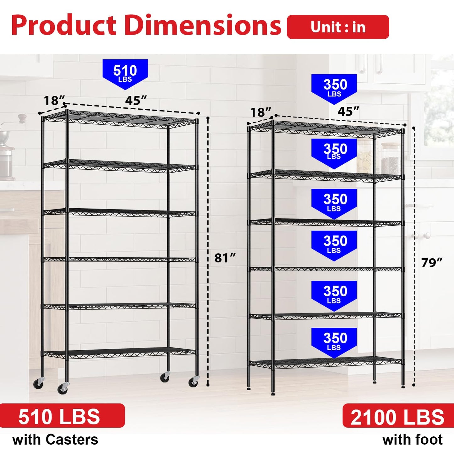 PayLessHere | 6-Tier Wire Shelf with Wheels | 45"x18"x82" | Black | Adjustable Racks | Heavy-Duty Storage Shelves, Holds Upto 510 lbs | Rust-Resistant, No-Tool Assembly | for Home, Garage Shelving