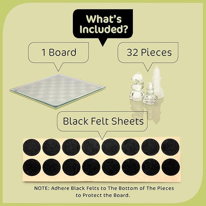 Fine Glass Chess Set Modern Clear Chess Board Set with Solid Clear &amp Frosted Glass Chess Pieces | 12'' Crystal Chess Board Set Felt Padding Included