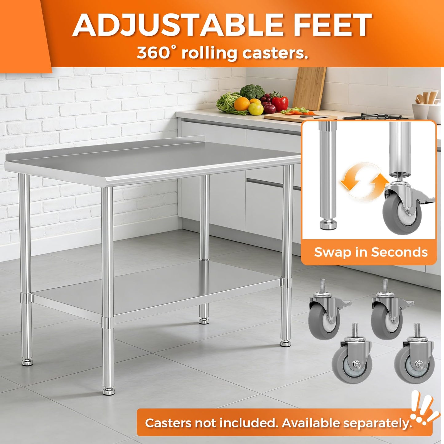HOCCOT All Stainless Steel Work Table Heavy Duty Prep Table 24x48 Inch with Stainless Steel Undershelf Backsplash Replaceable Feet(Without Caster) Commercial Workstation for Restaurant Kitchen Outdoor