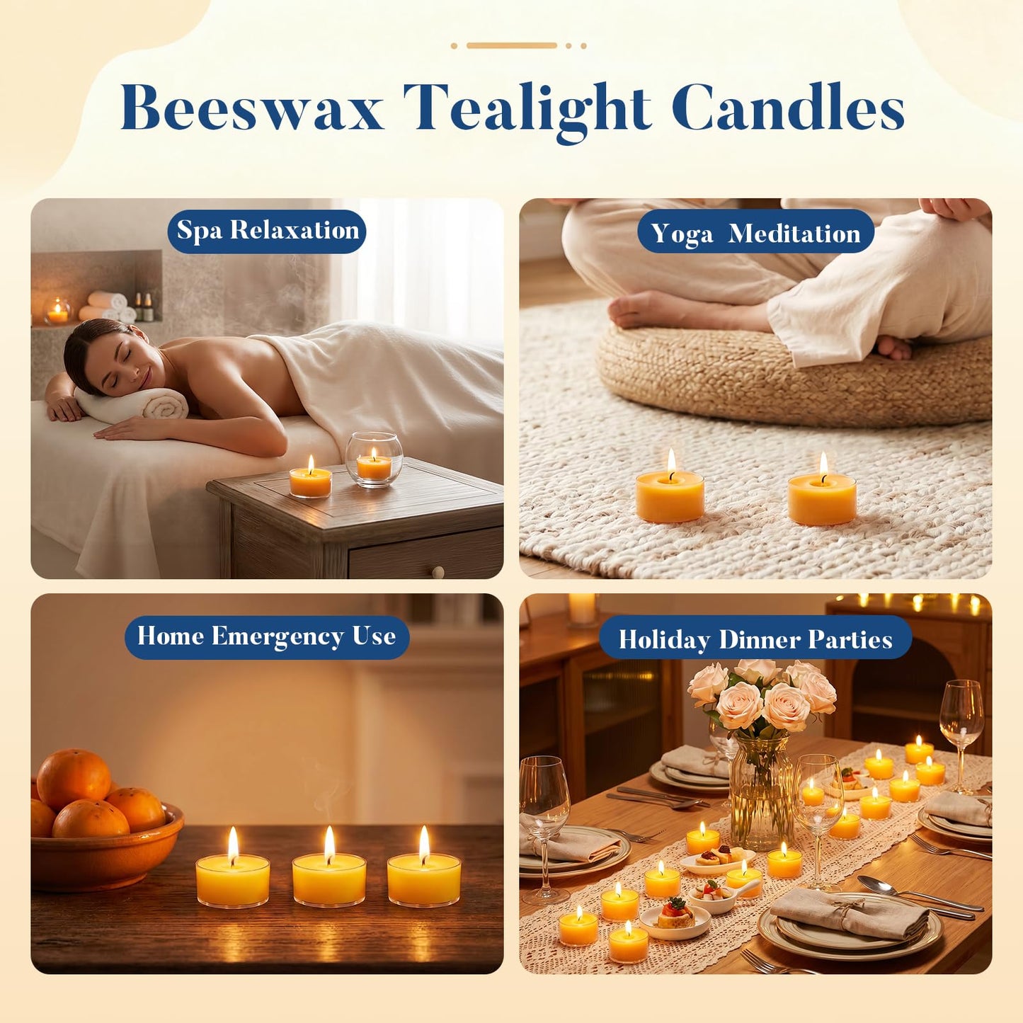 Crenovo Tea Lights Beeswax 12 Pack, 8-Hour 100% Pure Bees Wax Tealight Candles, Smokeless Unscented Votive Cup Candles for Home Spa Meditation Relaxation
