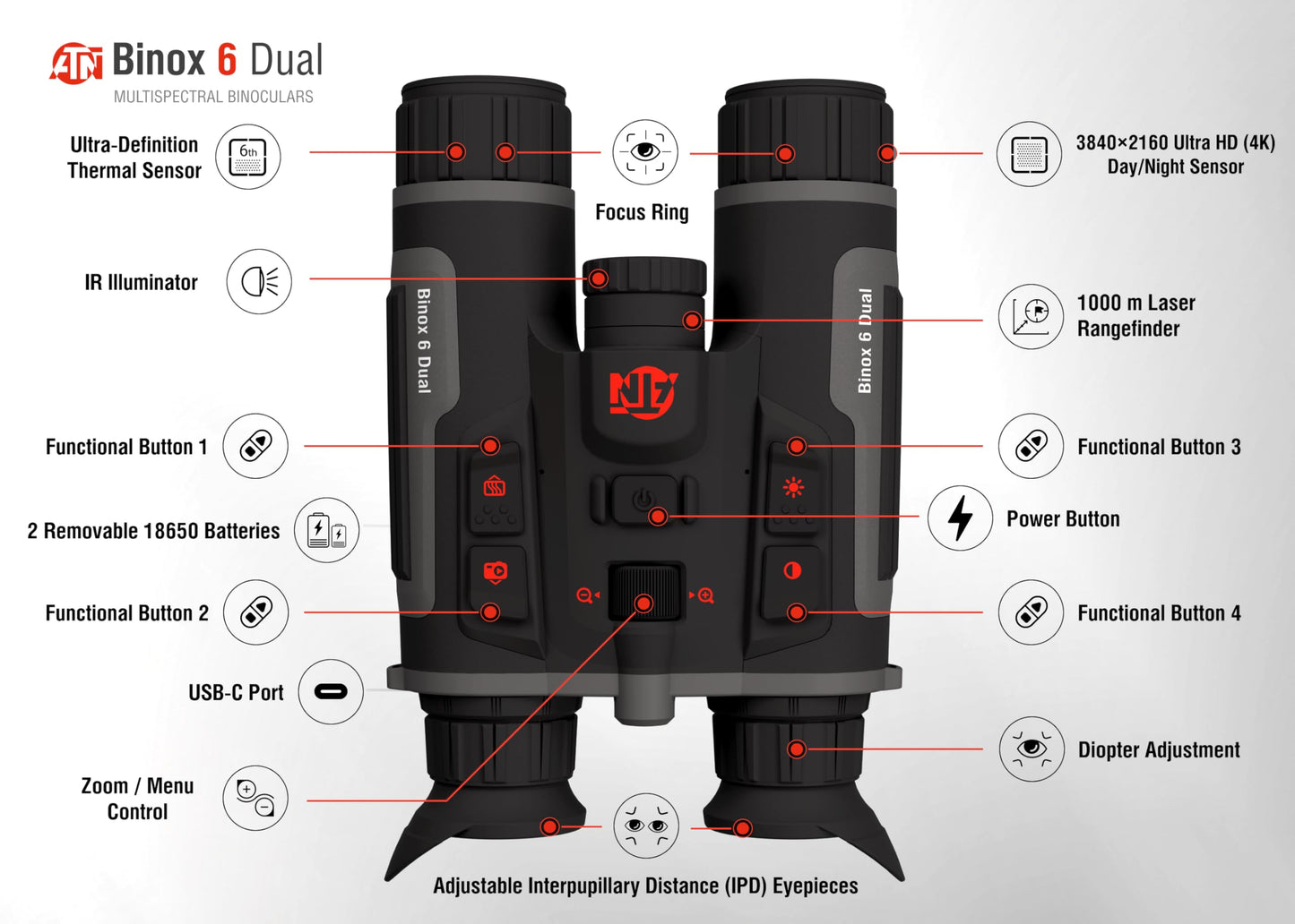 ATN Binox 6 Dual Multispectral Binoculars w/Thermal + 4K Day/Night/Twilight, 1,000 m Laser Rangefinder, Wi-Fi, 64GB, IP67 (384×288, 5.5-44×)