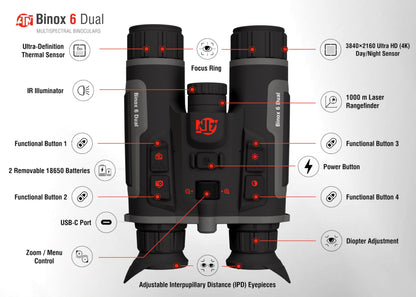 ATN Binox 6 Dual Multispectral Binoculars w/Thermal + 4K Day/Night/Twilight, 1,000 m Laser Rangefinder, Wi-Fi, 64GB, IP67 (384×288, 5.5-44×)