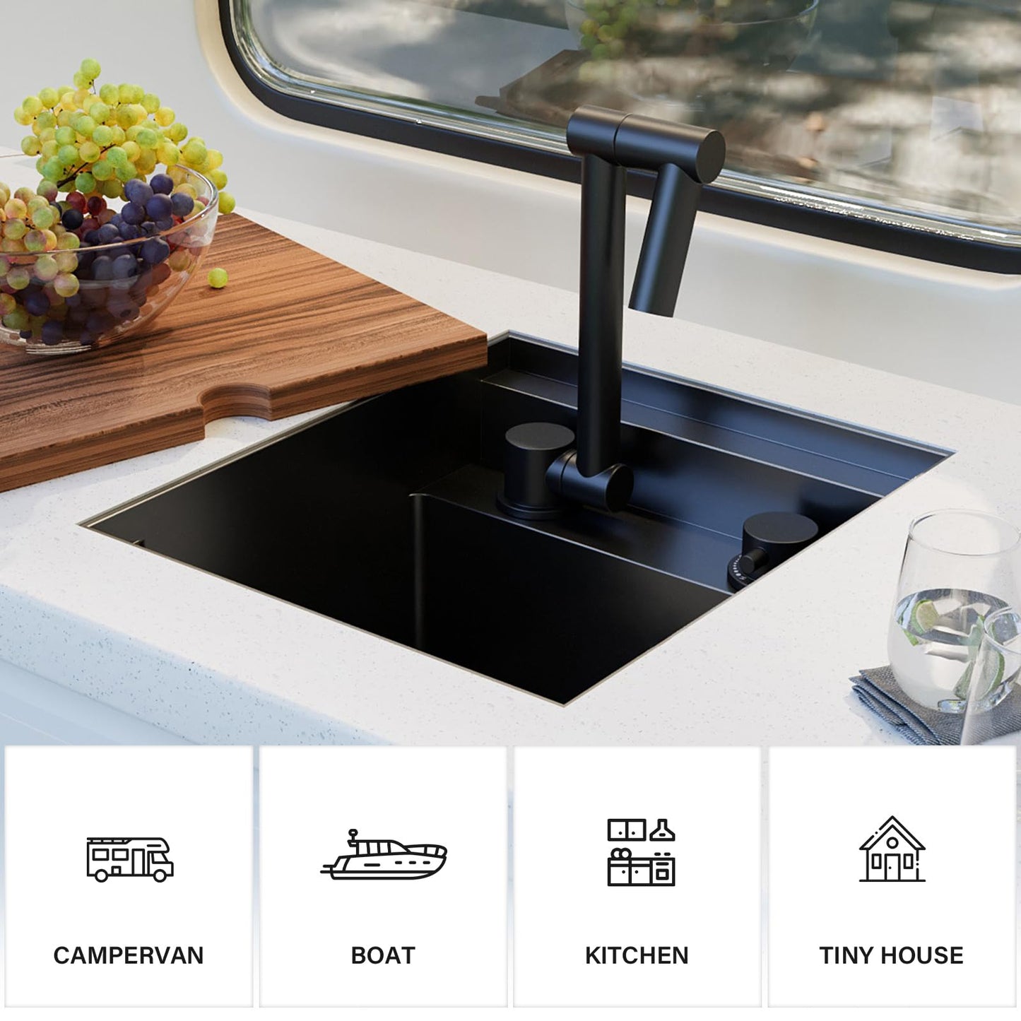 TORVA RV Kitchen Sink, 13 x 15 x 9 Inch Undermount Bar Sink Premium Stainless Steel Single Bowl Sink with Faucet,Cutting Board, Dark Grey