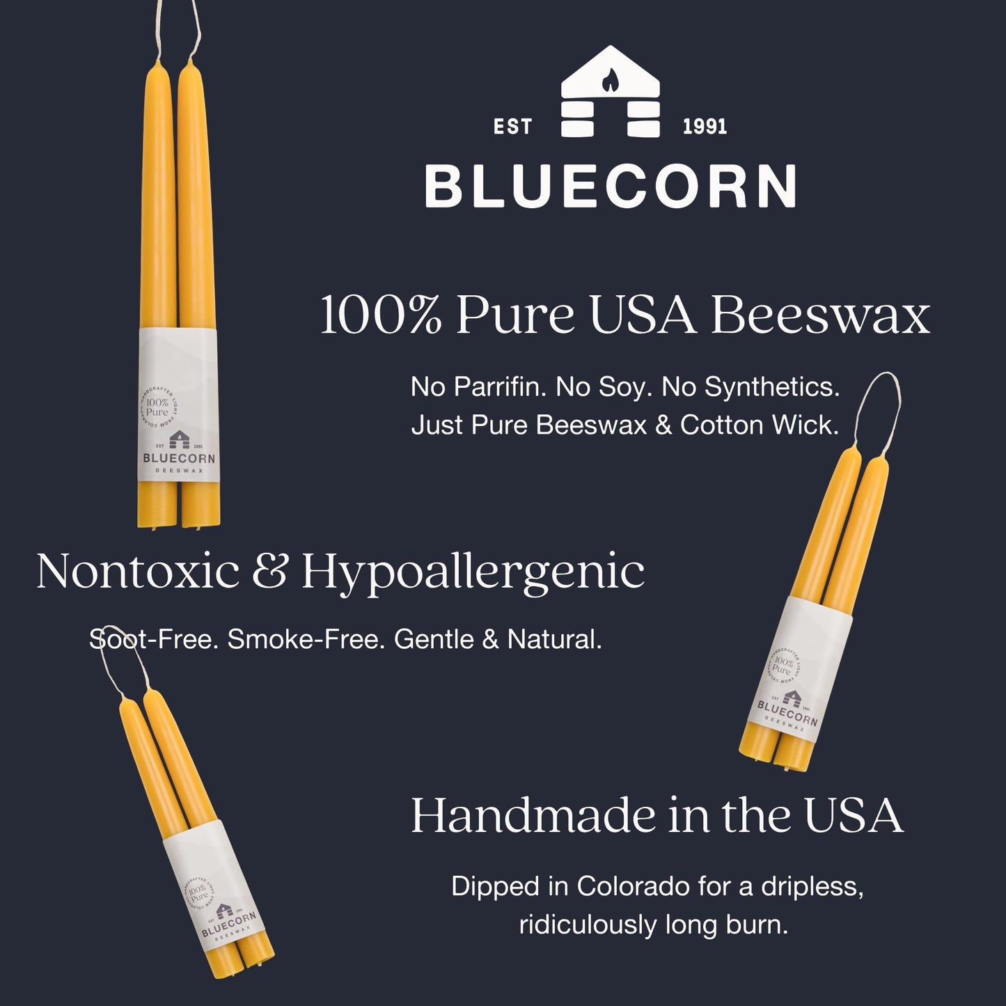 Bluecorn Beeswax Taper Candles, 100% Pure Natural Bees Wax, Pair of 12 Inch Black Tapered Candlesticks, Clean Burning & Dripless, Fragrance Free, Long Lasting, Home Decor, American Made, 1 Count