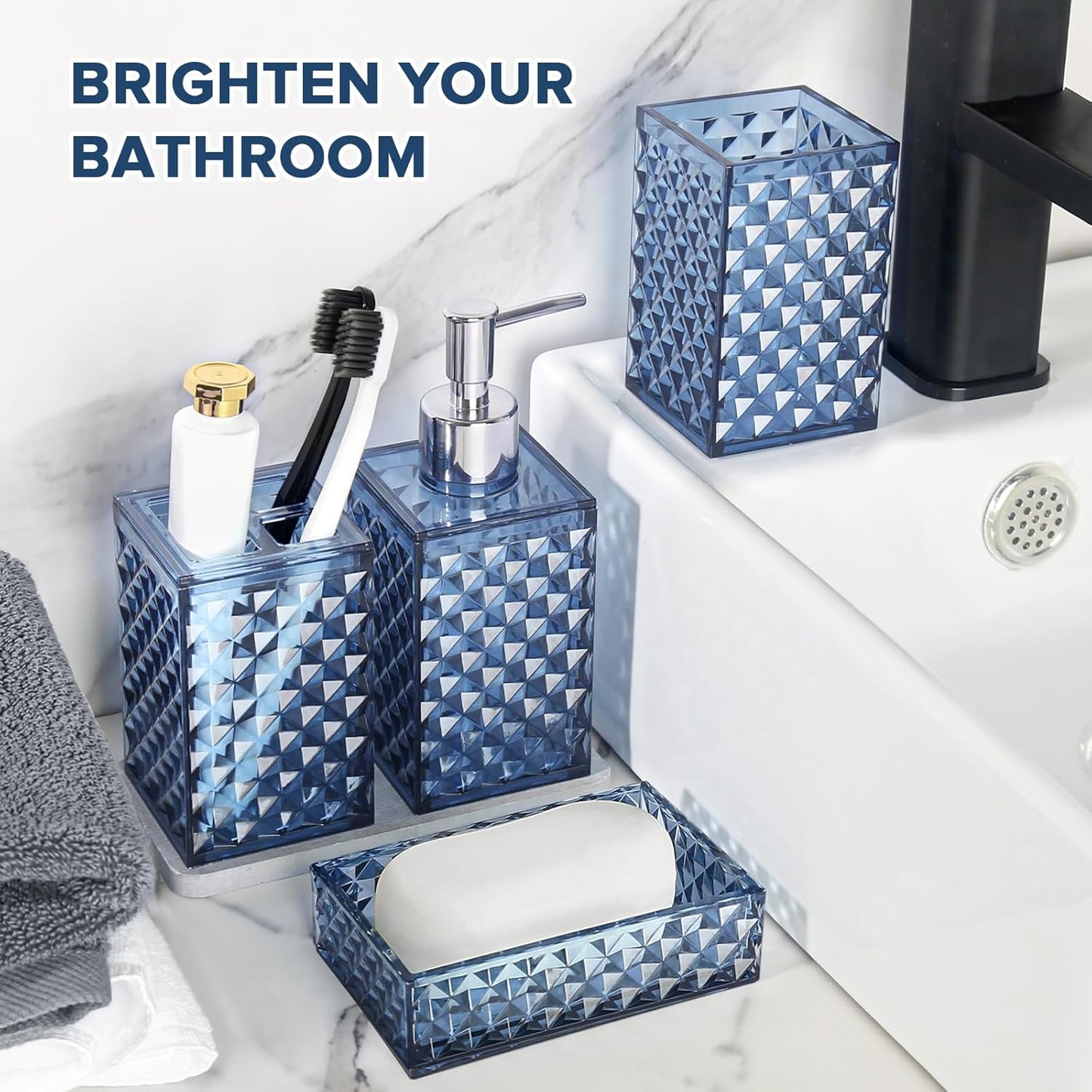 RYTOXILO Bathroom Accessories Set - 4 Pack Blue Acrylic Bath Essentials | Diamond Soap Dispenser & Toothbrush Holder