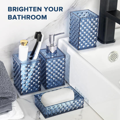 RYTOXILO Bathroom Accessories Set - 4 Pack Blue Acrylic Bath Essentials | Diamond Soap Dispenser & Toothbrush Holder