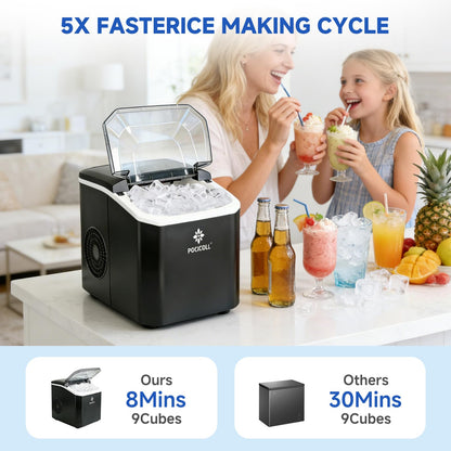 Pocicoll Countertop Ice Maker Machine, 26lbs in 24Hrs, 9 Ice Cubes Ready in 8 Mins, Auto-Cleaning Portable Ice Maker with Basket and Scoop, for Home/Kitchen/Camping/RV (Black)