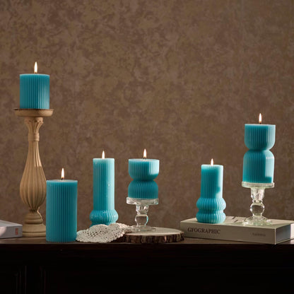 MOZEAL Hand-Poured Classic Ribbed Soy Pillar Candles Set of 3 - Decorative Turquoise Unscented Dripless Smokeless (3"x4",6",8") 300 Hr Burn - Timeless Home Décor