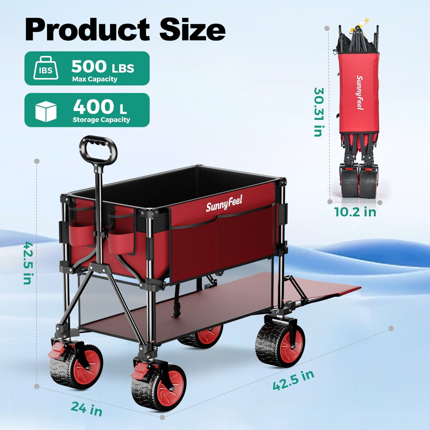 SUNNYFEEL Double Decker Folding Wagon Cart - 500lbs Heavy Duty Collapsible Utility Wagon with All Terrain Big Wheels & Drop Down Tailgate,400L Large Capacity Wagon for Camping,Garden,Sports