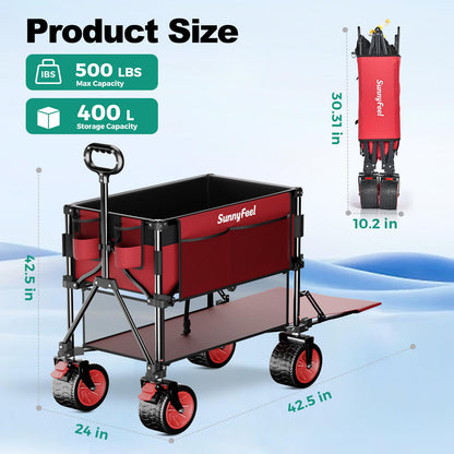 SUNNYFEEL Double Decker Folding Wagon Cart - 500lbs Heavy Duty Collapsible Utility Wagon with All Terrain Big Wheels & Drop Down Tailgate,400L Large Capacity Wagon for Camping,Garden,Sports
