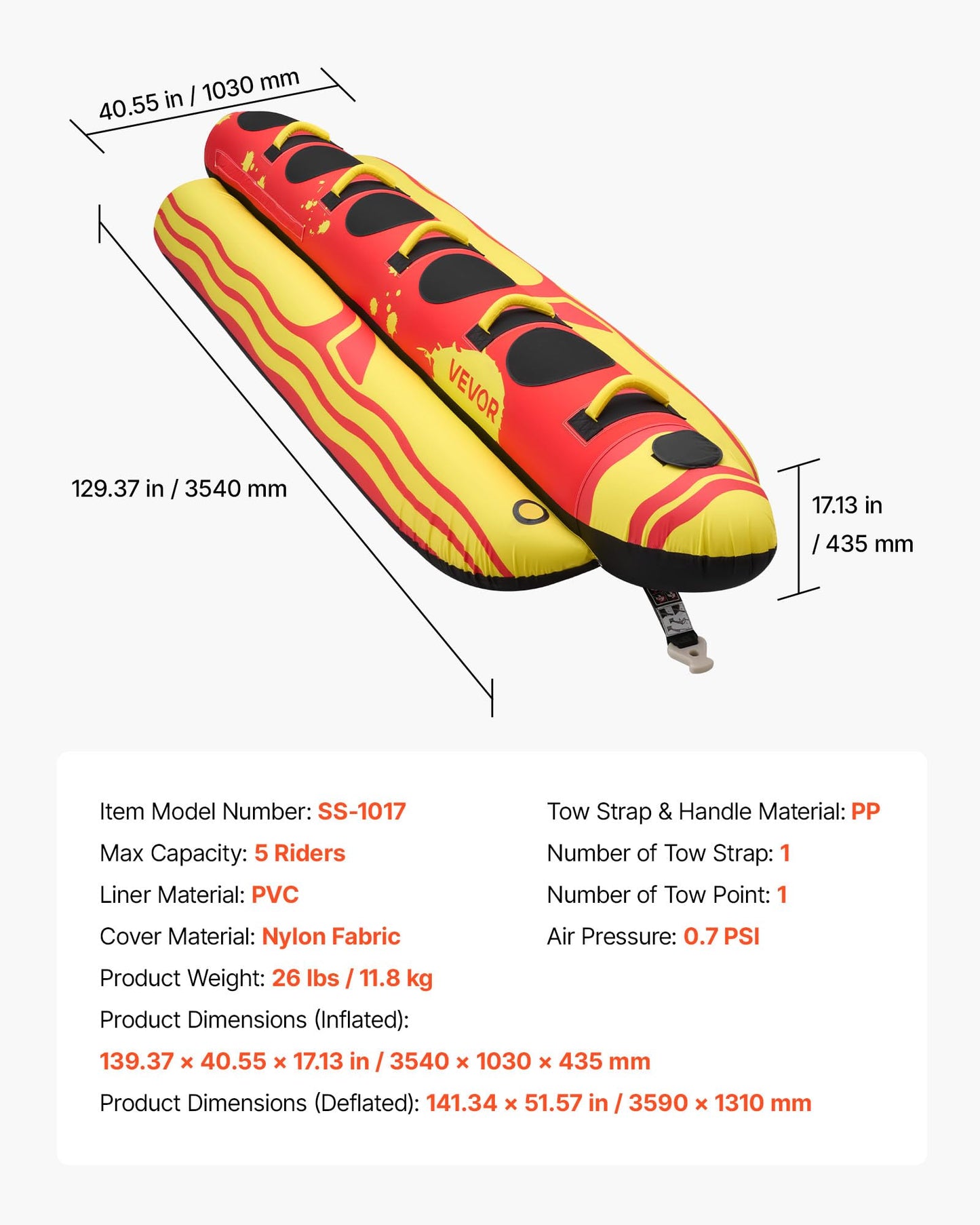 VEVOR Towable Tubes for Boating, 5 Riders Inflatable Boat Tubes and Towables, 850 lbs Capacity Water Sport Tube for Boat to Pull - with Full Nylon Cover, Padded Grip Handles & Safety Valve