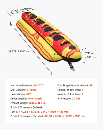 VEVOR Towable Tubes for Boating, 5 Riders Inflatable Boat Tubes and Towables, 850 lbs Capacity Water Sport Tube for Boat to Pull - with Full Nylon Cover, Padded Grip Handles & Safety Valve