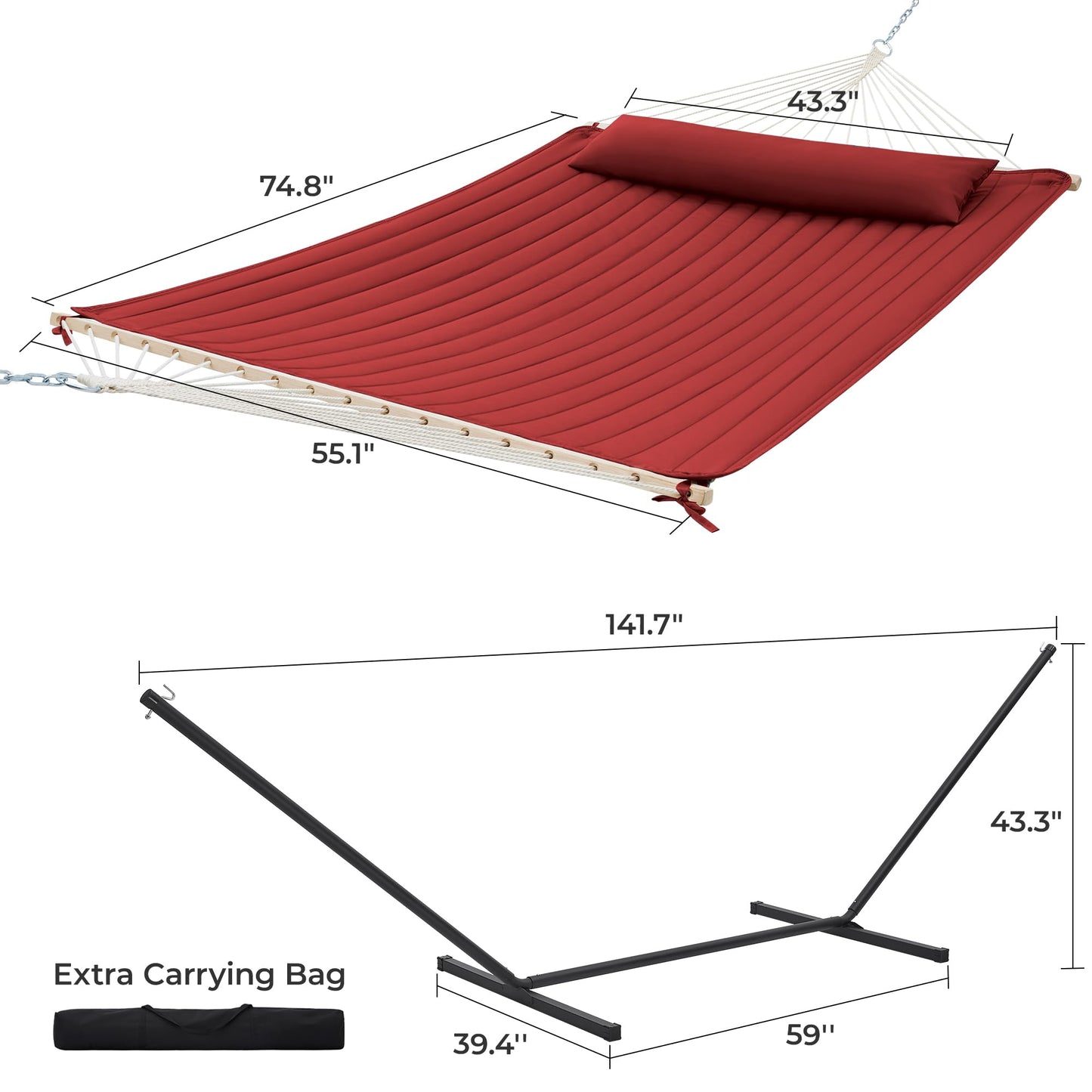 SUPERJARE 12ft Double Hammock with Stand, Rope Hammock for 2 Person, Detachable Hammock Bed and Pillow, Portable, Anti-Tip Safety Ropes, Carry Bag, Outdoor Backyard Patio Camping, Burgundy