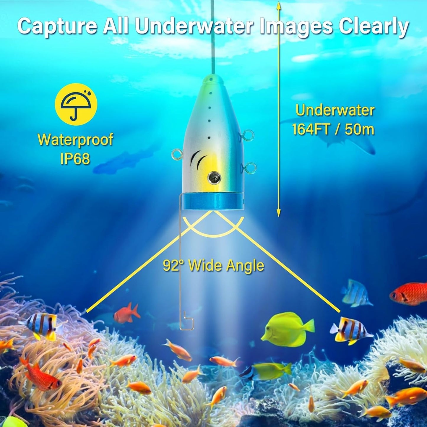 WOSHIJIE Underwater Fish Finder Camera, 7 Inch HD LCD 1080p Display, 1200TVL IP68 Waterproof with 36 Infrared White Dual Lights, Portable DVR for Boat Lake Ice Fishing