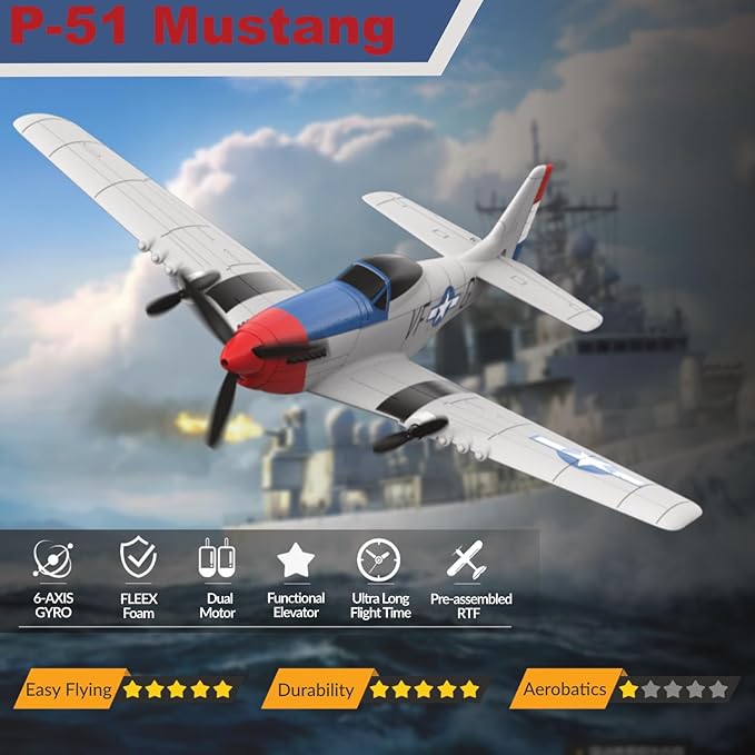 RC Plane for Beginners P51 Remote Control Airplane for Adults 2.4GHz 3 Channel Fighter Featuring 6 Axis Gyro Stabilizer Easy to Fly