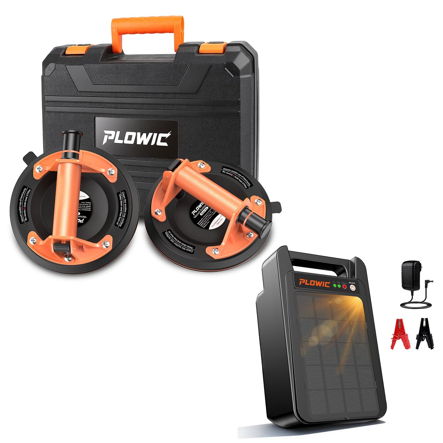 Outdoor Work Tool Kit with Solar Electric Fence Charger and 8" Glass Suction Cups, Portable Fence Energizer & Heavy Duty Vacuum Lifter Bundle