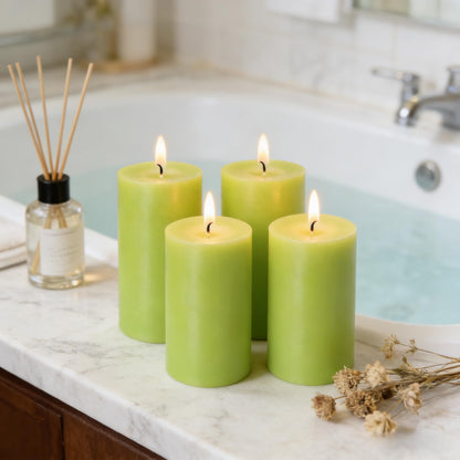 4 Pack Apple Green Pillar Candles, 2x4 Inch, Long-Lasting, Dripless and Smokeless Unscented Candles, Ideal for Home Décor, Parties Weddings and Relaxation