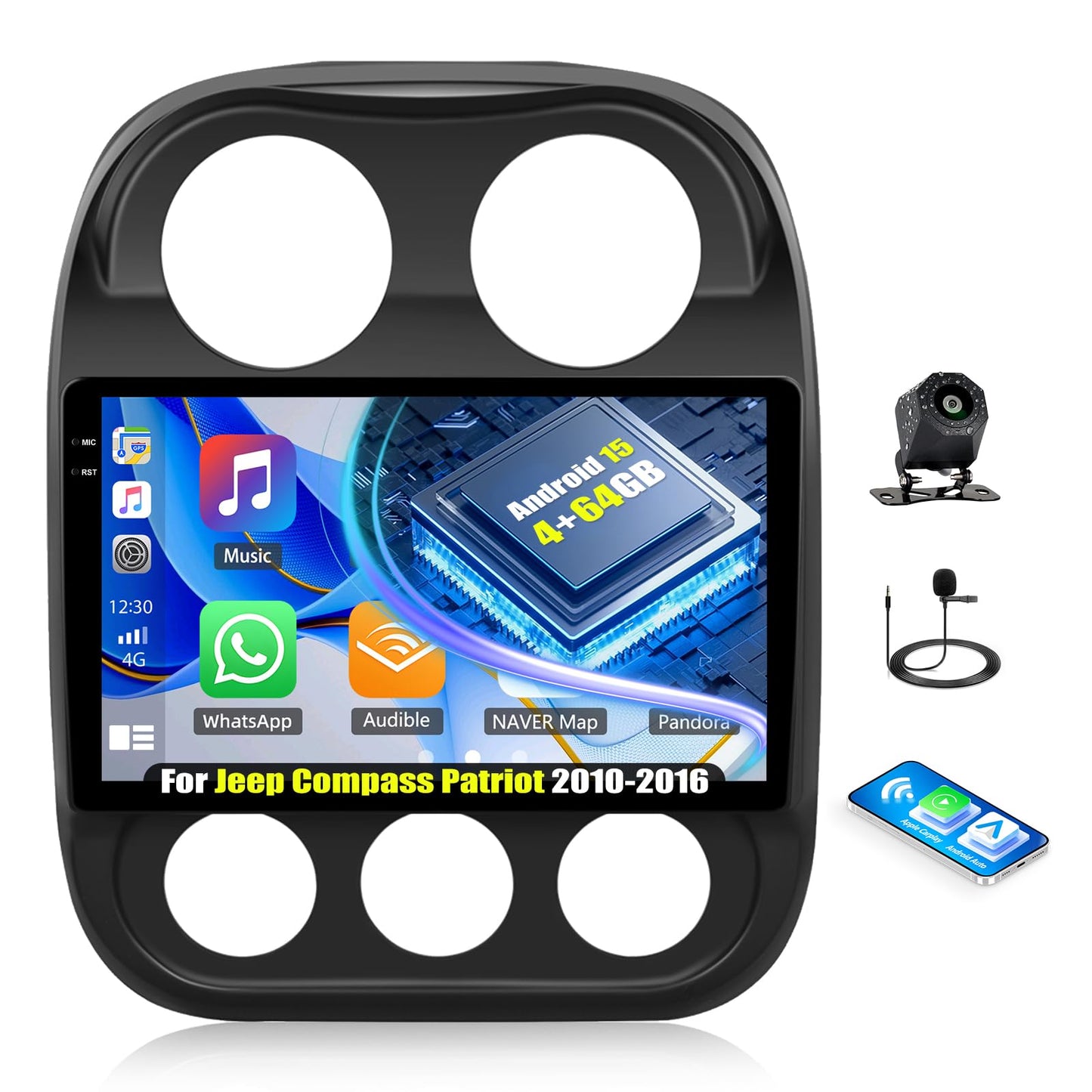 4+64G Android 15 Car Stereo for Jeep Compass Patriot 2010-2016 with Wireless Carplay Android Auto, 10.1" 1280 * 720P IPS Touchscreen Head Unit 32-EQ Bluetooth-5.0 GPS WiFi FM/RDS SWC Rear Cam+Canbus