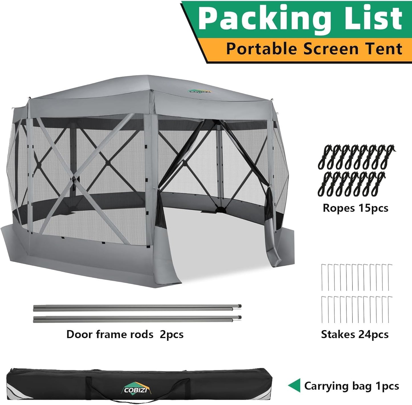 COBIZI Pop Up Gazebo Screen Tent Screen House for Camping, 15x15 Screen Room with Mosquito Netting, Hub Tent Instant Screened Canopy with Carrying Bag and Ground Stakes, Gray