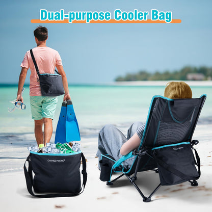 CHANGE MOORE Low Beach Chair with 2-in-1 Cooler Bag, Support up to 300lbs Folding Beach Chairs for Adults 2 Pack with Cup Holder, Removable Pillow & Carry Bag for Outdoor Sand Lawn Picnic Travel Blue